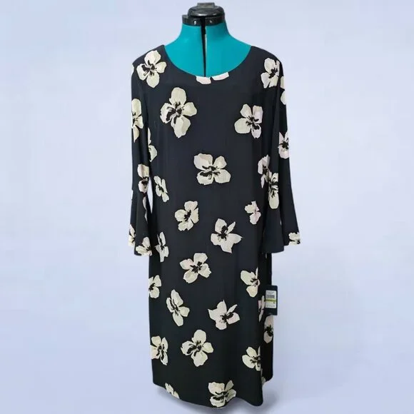 Tommy Hilfiger Floral-Print Bell-Sleeve Mini Dress Black - Size 14 - Picture 2 of 7